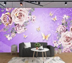 3D Фотообои Цветы и бабочки на фиолетовом фоне Артикул dec_6273
