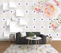 3D Фотообои Стена в ромбик и цветы Артикул dec_8148