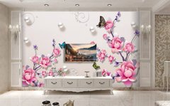 3D Фотообои Розовые ветки и бабочки Артикул dec_9583