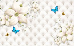 3D Фотообои Узор из лилий и синих бабочек Артикул 36158