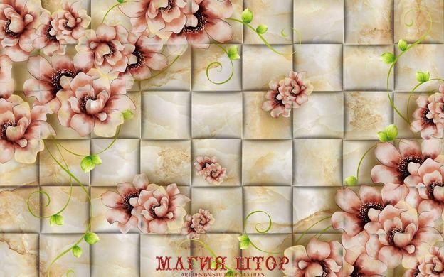 3D Фотообои Мраморная плитка и коричневые цветы Артикул 40428