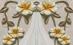 3D Фотообои 3d желто-белые цветы с серебряными листьями Артикул dec_3054