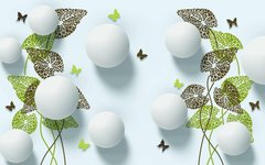 3D Фотообои Листья, бабочки и шарики Артикул 36835