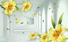 3D Фотообои Желтые лилии на фоне коридора Артикул 36315