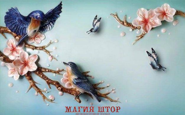 3D Фотообои Барельеф: синие маленькие птицы Артикул dec_3023