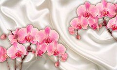 3D Фотообои Розовые орхидеи на фоне шелковой ткани Артикул 25990