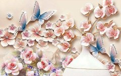 3D Фотообои Барельеф: цветы, ваза и бабочки Артикул dec_3016