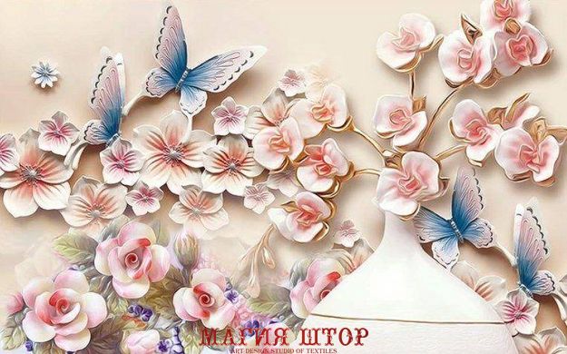 3D Фотообои Барельеф: цветы, ваза и бабочки Артикул dec_3016