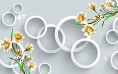 3D Фотообои Круги и бело-бежевые цветы Артикул 40415