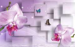 3D Фотообои Розовые орхидеи и бабочки Артикул 37010