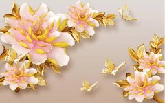 3D Фотообои Розовые цветы на золотых ветвях Артикул dec-2146