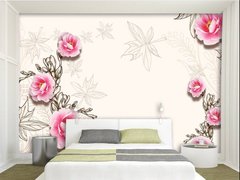Картина Розовые цветы и нарисованные листья Артикул dec_10274