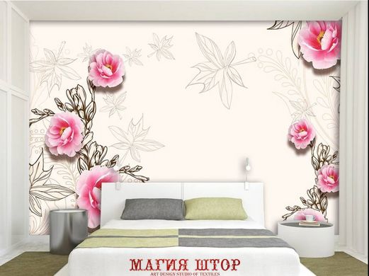 Картина Розовые цветы и нарисованные листья Артикул dec_10274