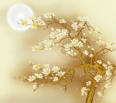 3D Фотообои Луна и цветущие дерево Артикул 40442