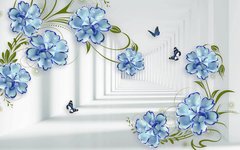 3D Фотообои Синие цветки с бабочками Артикул 37165_2