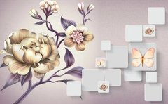 3D Фотообои Цветок и бабочки в квадратах Артикул dec-125