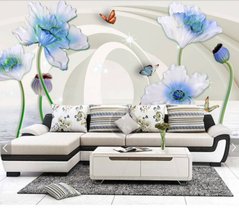 3D Фотообои Голубые цветы и бабочка Артикул dec_8333