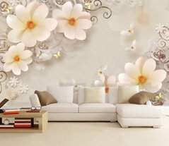 3D Фотообои Белые цветы и бабочки Артикул dec-3073