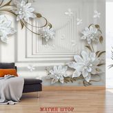 3D Фотообои Узор из белых цветов на фоне коридора Артикул 36837